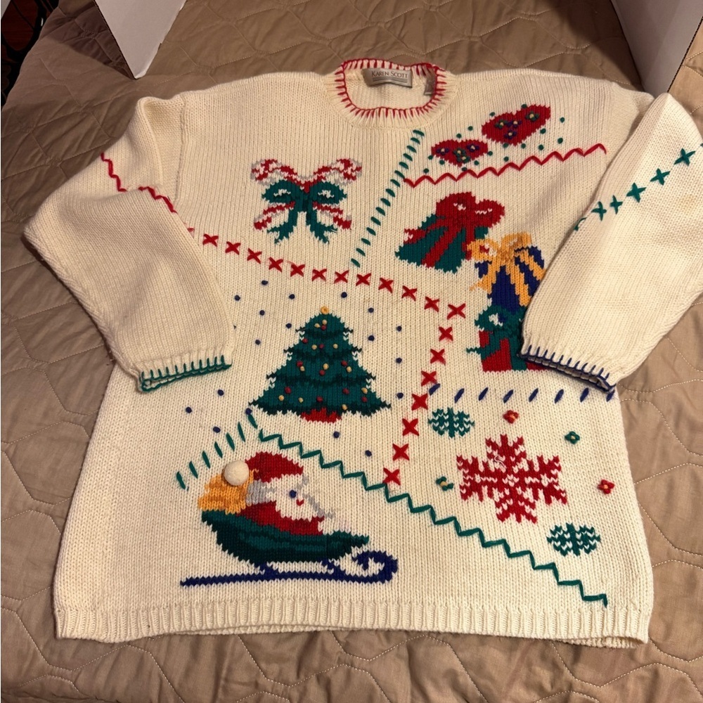Karen Scott Chunky White  Knit Ugly Christmas Tree Sweater Pixelated Size Large